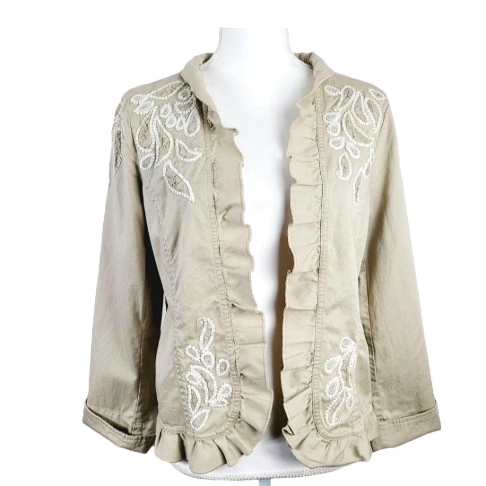 0, Chico's, Embroidered Blazer, Tan